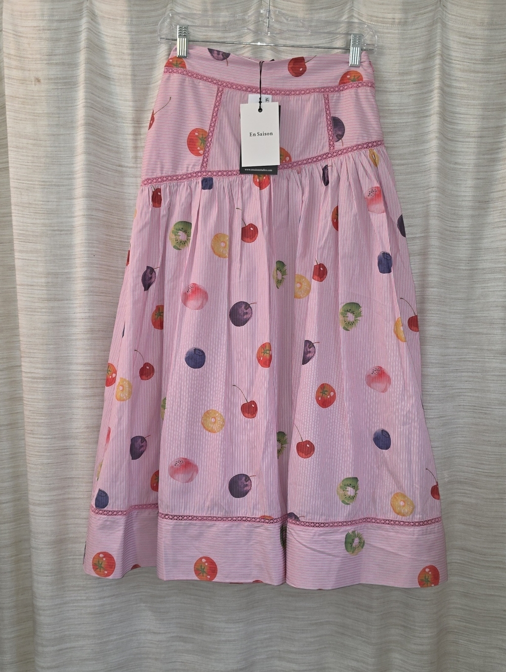 NWT En Saison Fruit Medley Stripe Midi Skirt Pink Size Extra Small